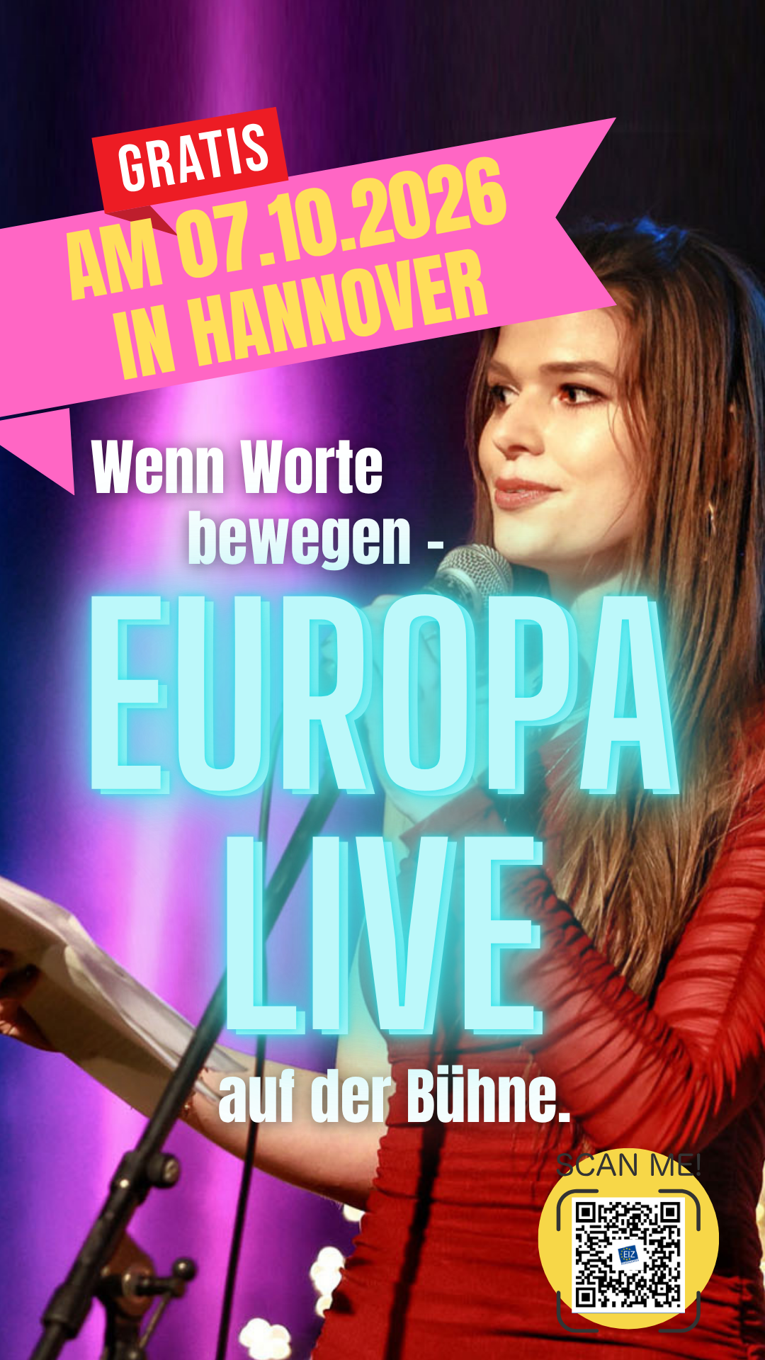 Veranstaltungsplakat: Europa live auf der Bühne, 7. Oktober 2026 in Hannover, Eintritt frei